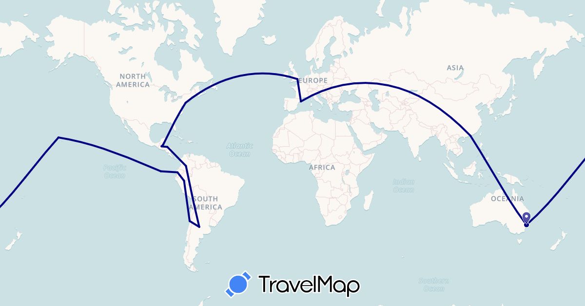 TravelMap itinerary: driving in Argentina, Australia, Belize, Chile, China, Colombia, Ecuador, Spain, United Kingdom, Guatemala, Honduras, Peru, United States (Asia, Europe, North America, Oceania, South America)